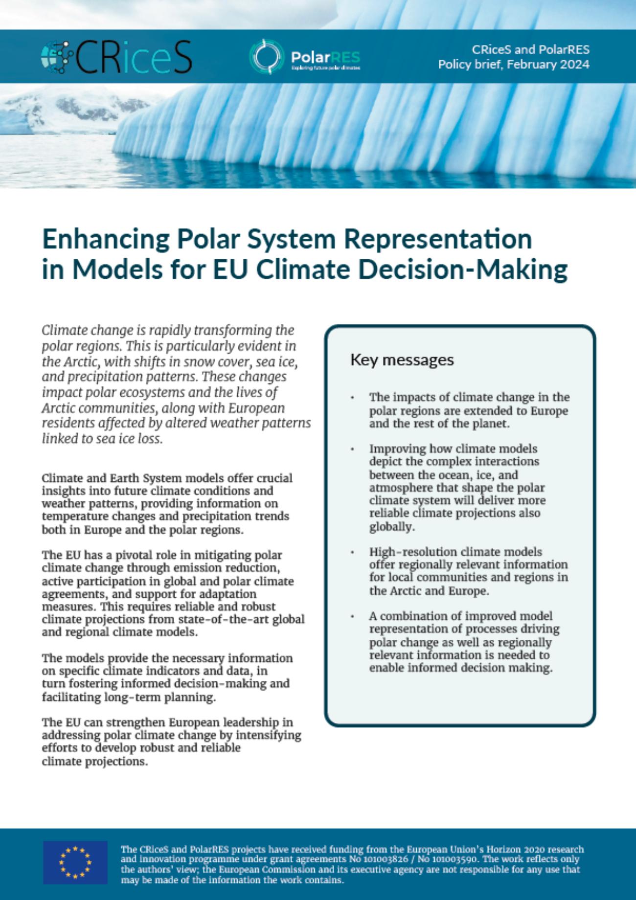 Policy brief from projects CRiceS and PolarRES : Enhancing Polar System Representation in Models for EU Climate Decision-Making